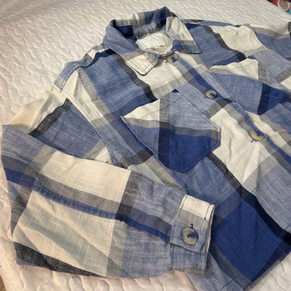 Ashley Womens LARGE Blue Plaid Cropped Pockets Button Down Shirt Western flannel